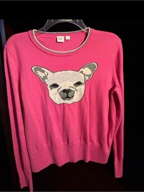 GAP Hot Pink Crewneck Sweater with Gray Dog Motif